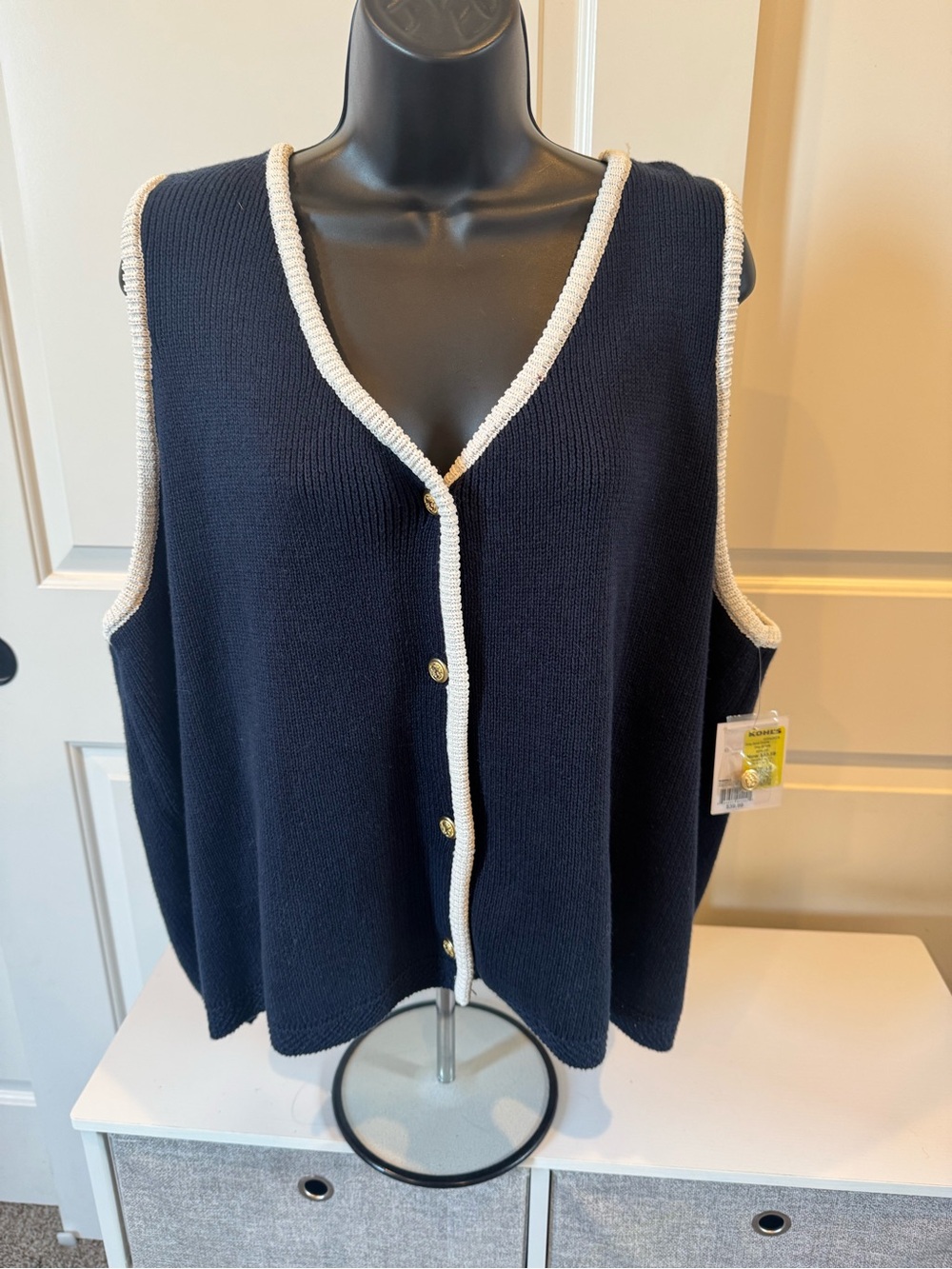 LC Lauren Conrad Navy Sleeveless Knit Cardigan with Cream Trim